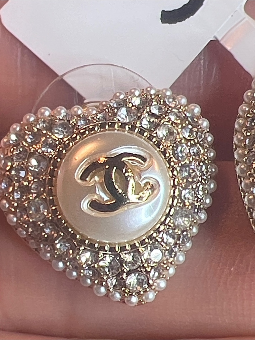 Heart Logo Crystal Stud Earrings in Gold and White - Picture 4 of 7